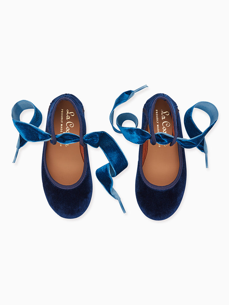 Navy Velvet Girl Bow Ballerina Shoes