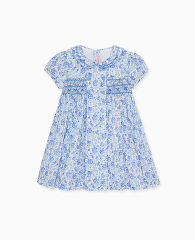 Dusty Blue Floral Arcadia Girl Hand-Smocked Dress