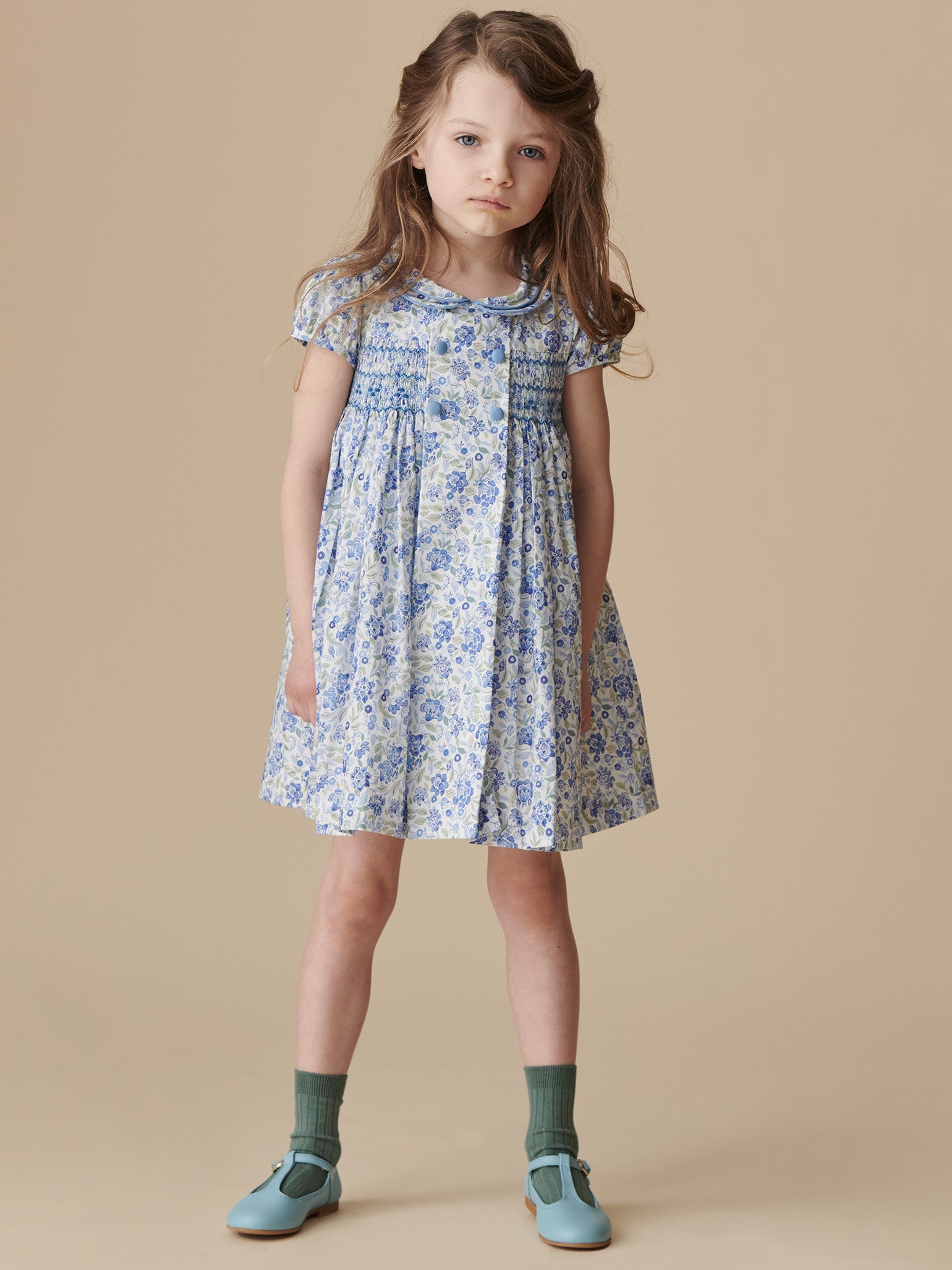 Dusty Blue Floral Arcadia Girl Hand-Smocked Dress