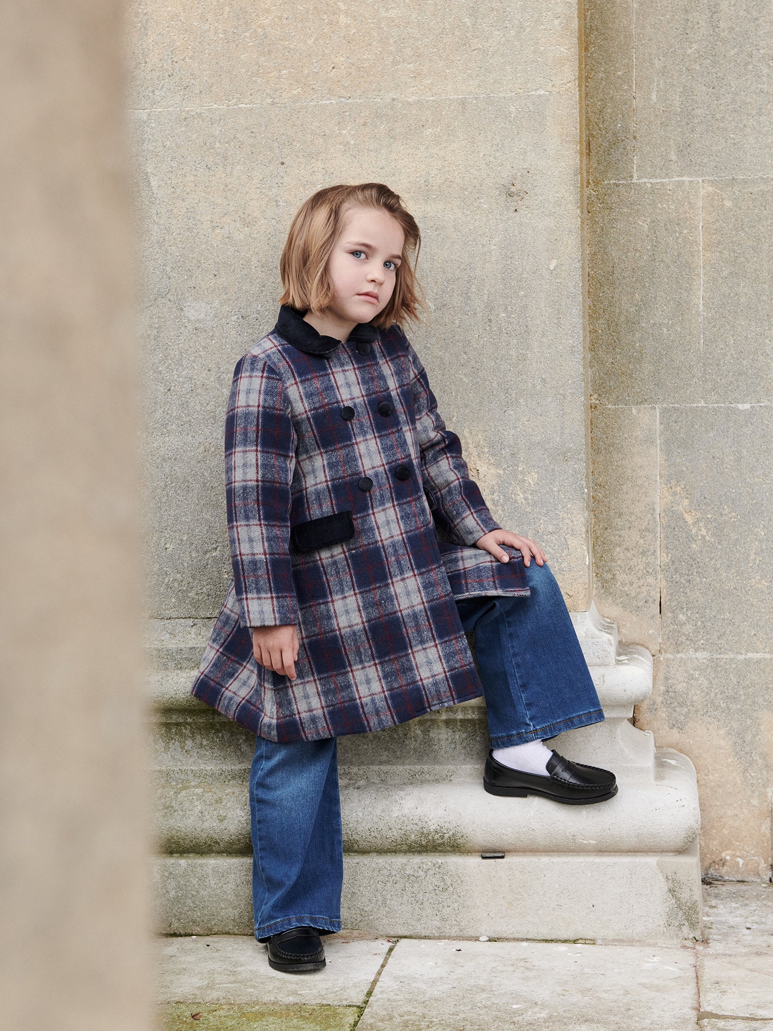 Navy Check Arrieta Girl Coat La Coqueta Kids