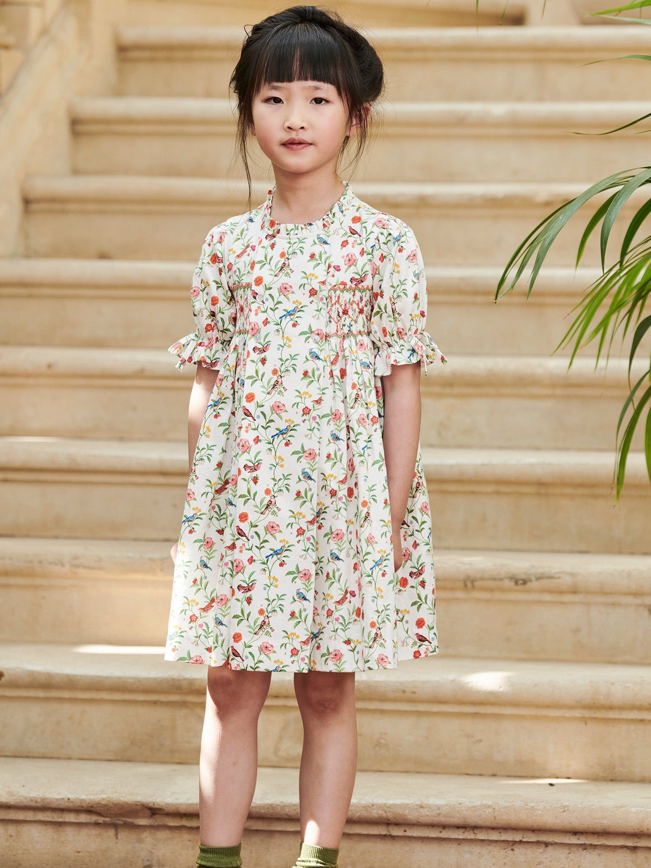 Ivory Bird Floral Carla Girl Hand-Smocked Dress