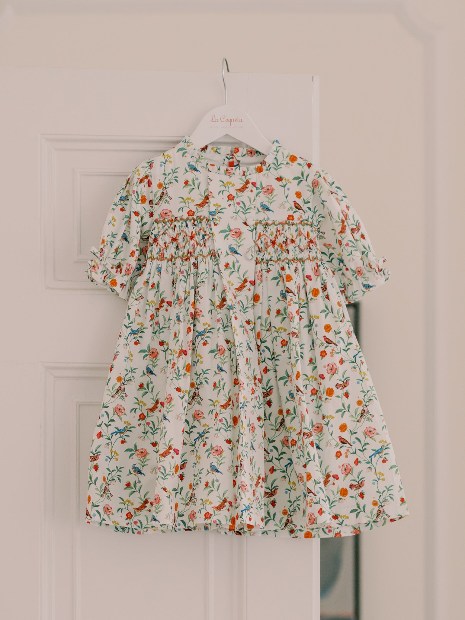 Ivory Bird Floral Carla Girl Hand-Smocked Dress