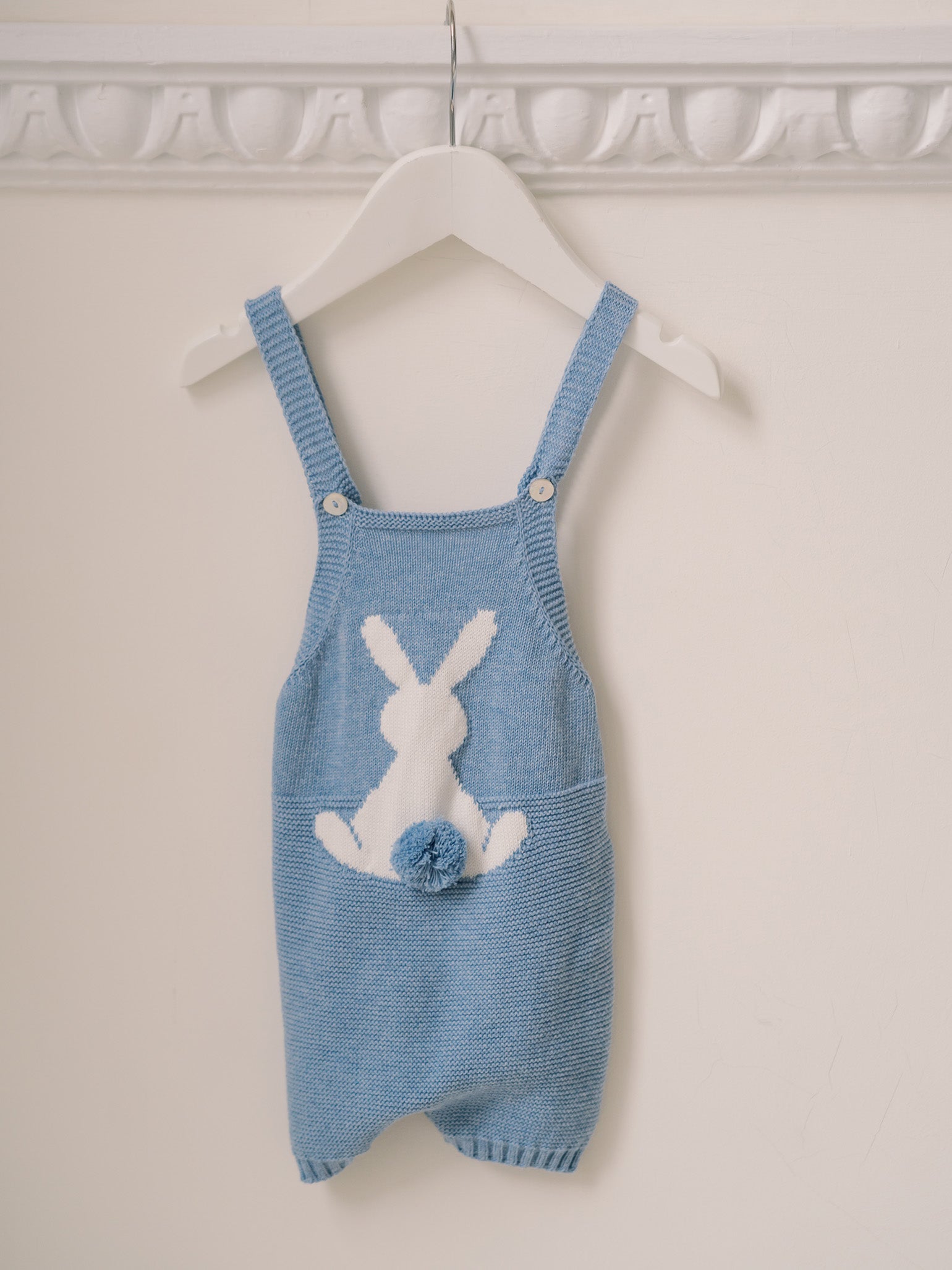 Blue Crispa Cotton Bunny Baby Knitted Dungarees