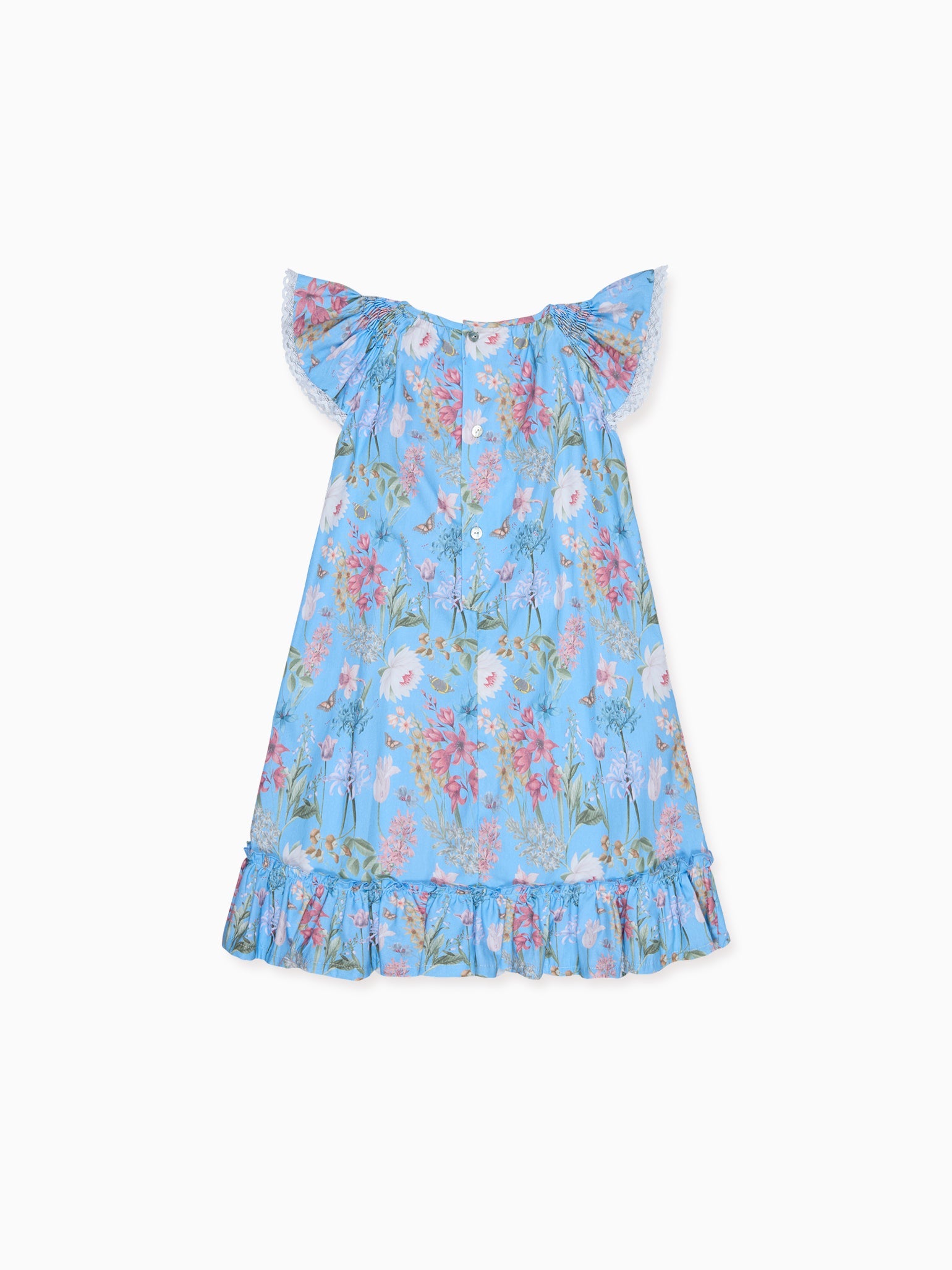 Dusty Blue Floral Dhalia Girl Hand-Smocked Dress