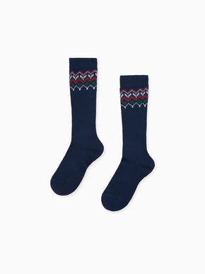 Navy Fair Isle Kids Knee High Socks