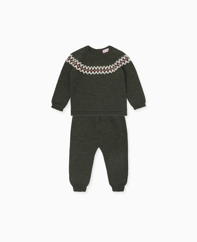 Olive Green Merino Fair Isle Knitted Baby Set