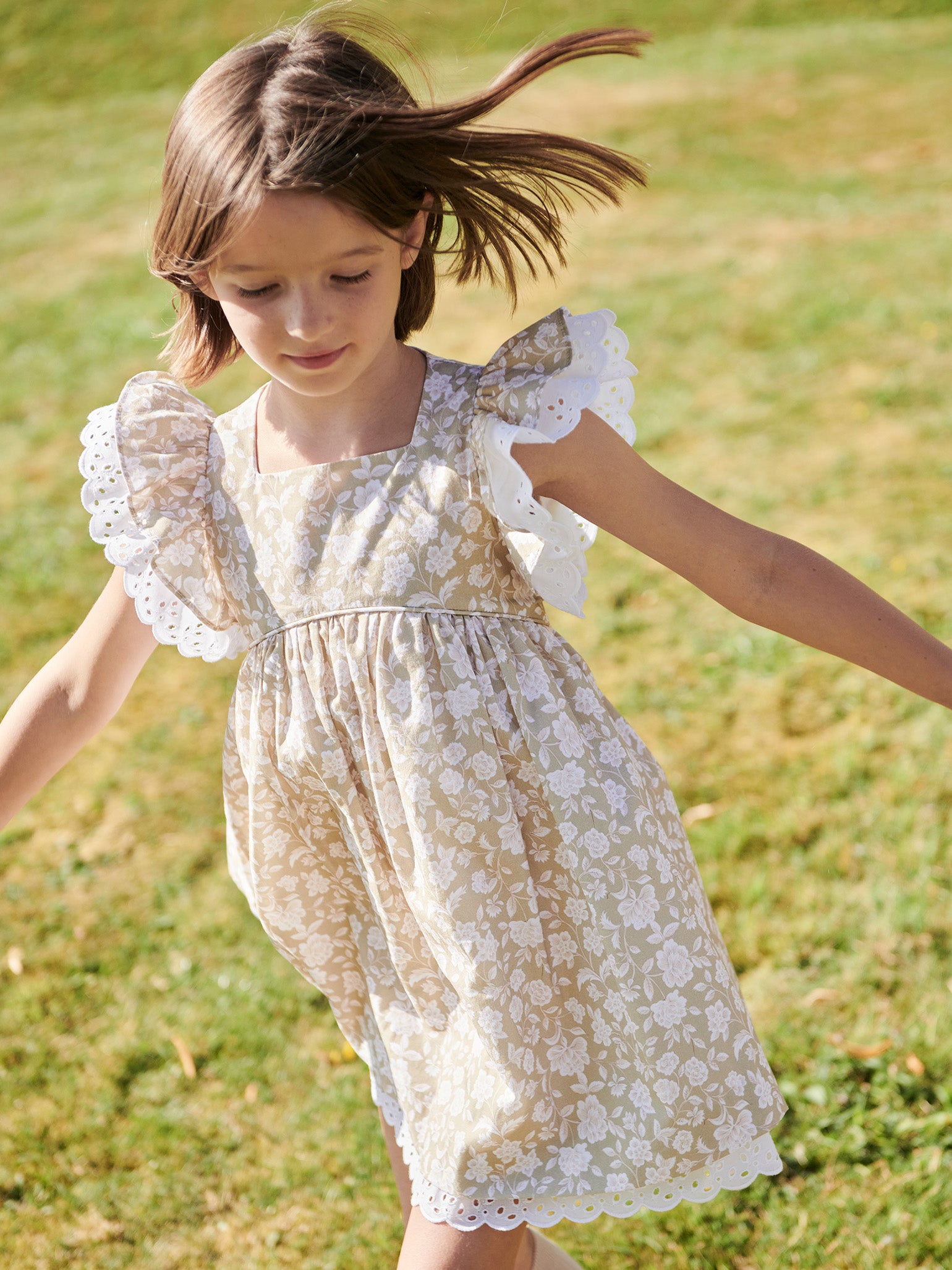 Olive Floral Neva Girl Empire Dress