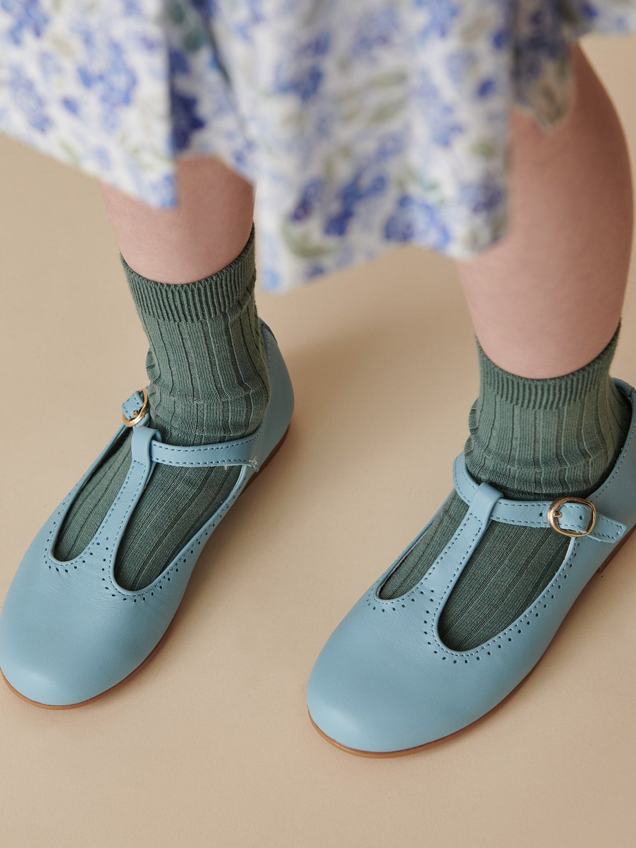 Light Blue Leather Girl T-Bar Shoes