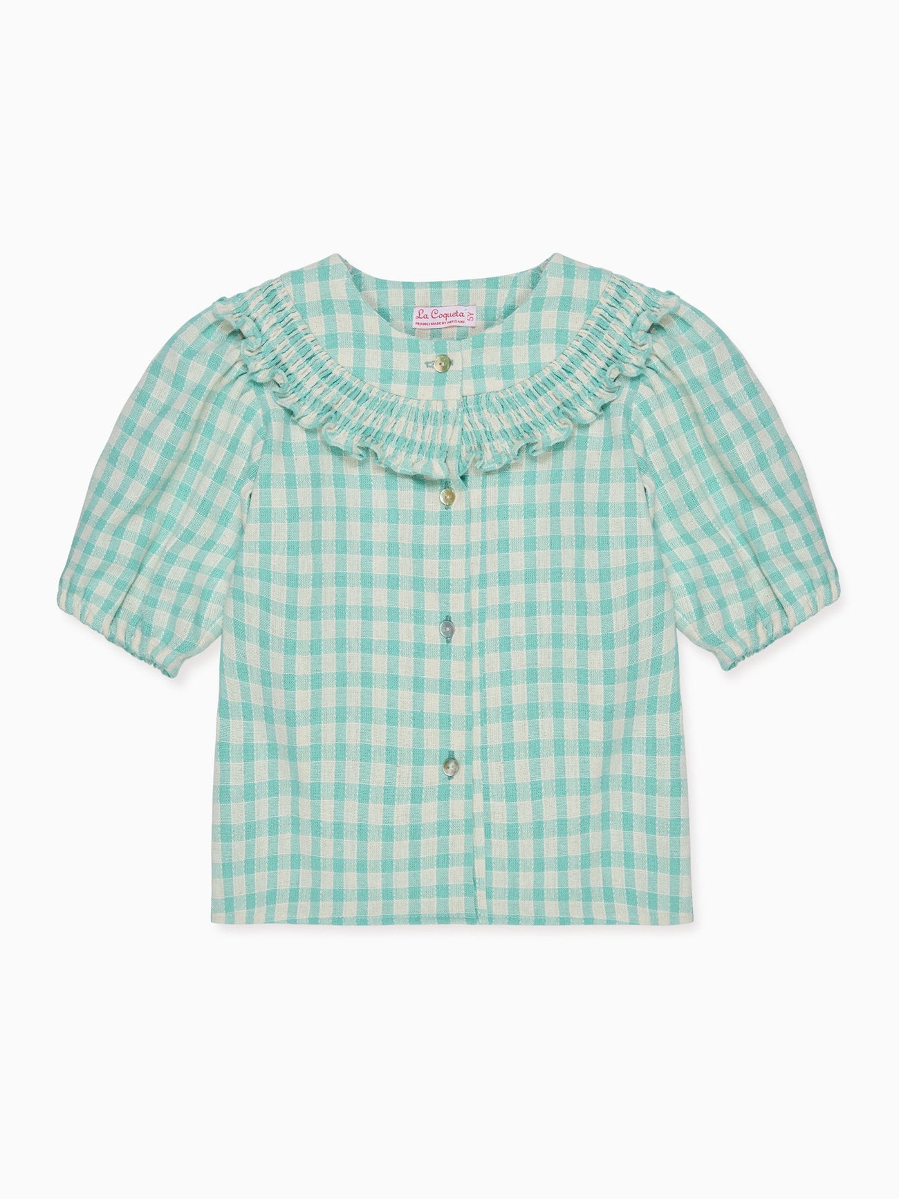 Sage Gingham Violetta Hand-Smocked Girl Shirt