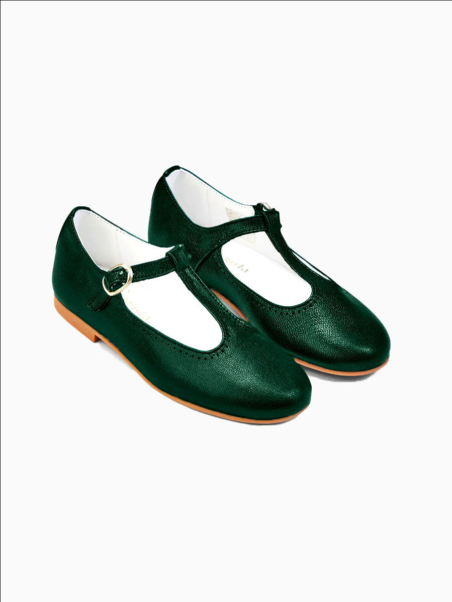 Green Metallic Leather Girl T-Bar Shoes