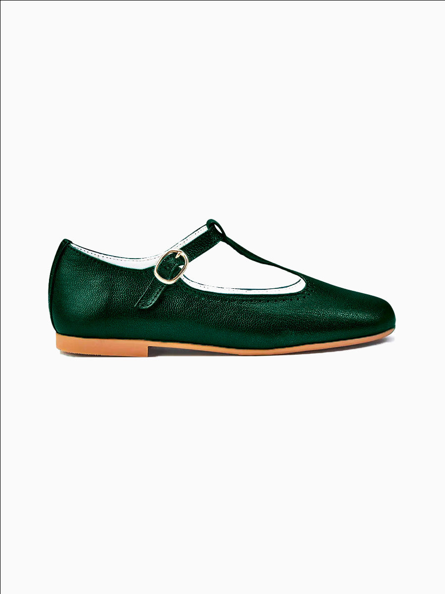 Green Metallic Leather Girl T-Bar Shoes